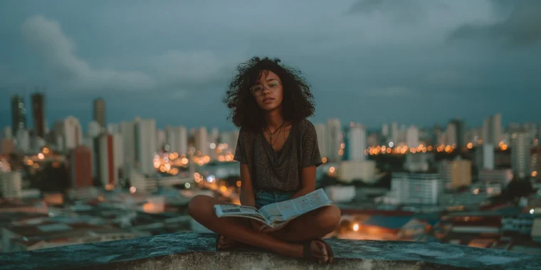 A teenage girl reading on a rooftop at dusk — thinking critically about what is artificial intelligence
