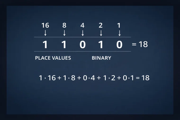 A diagram showing binary 0s and 1s converting to decimal numbers with labelled place values — illustrating what is binary in computing