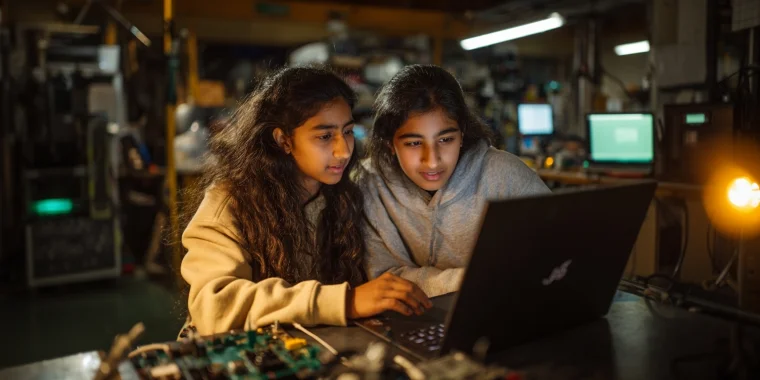 Two teenage girls working together at a laptop in a school makerspace — learning what is coding