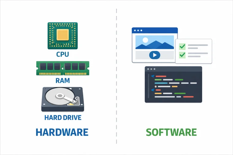 A diagram showing hardware components connected by arrows to software layers — illustrating what is hardware and software in computing