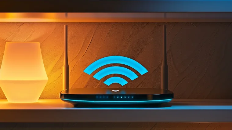A home router with glowing WiFi signal lines radiating outward — illustrating what is WiFi and how signals travel wirelessly