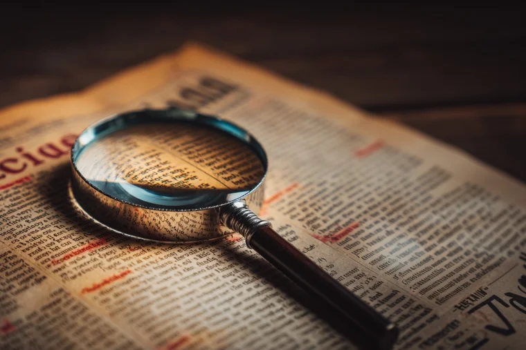 A magnifying glass over a newspaper with highlighted text — representing the critical analysis of what is fake news