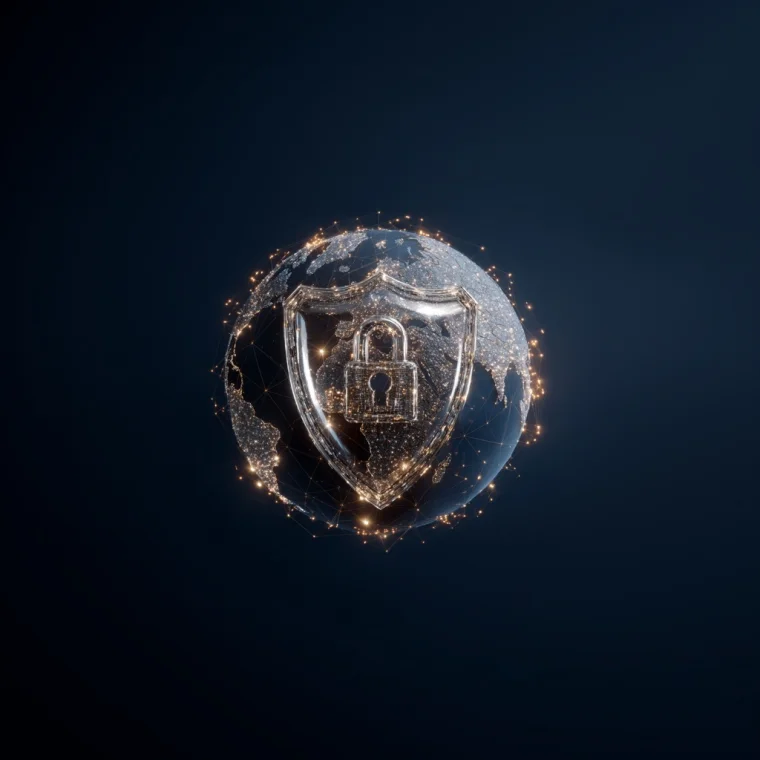 A graphic of a shield with a padlock over a globe — representing the core concept of what is online safety