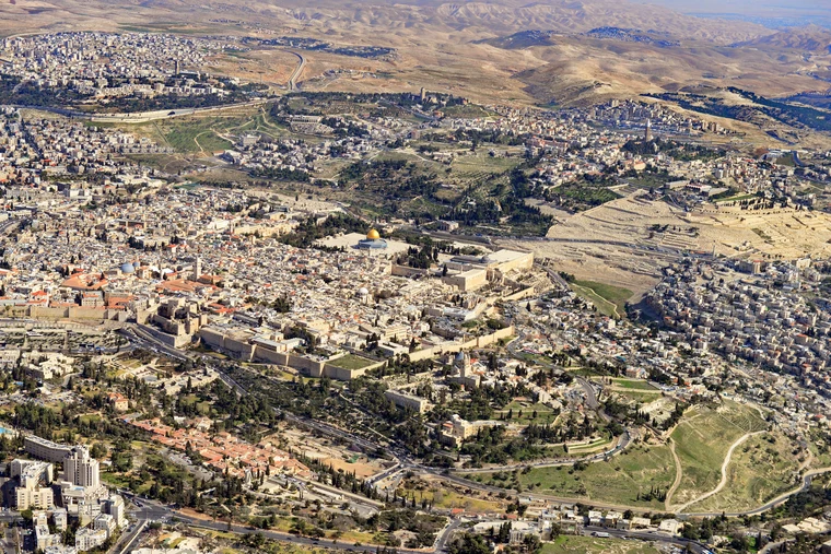 Aerial view of the Jerusalem Old City and the Temple Mount — the city claimed as capital by both Israelis and Palestinians