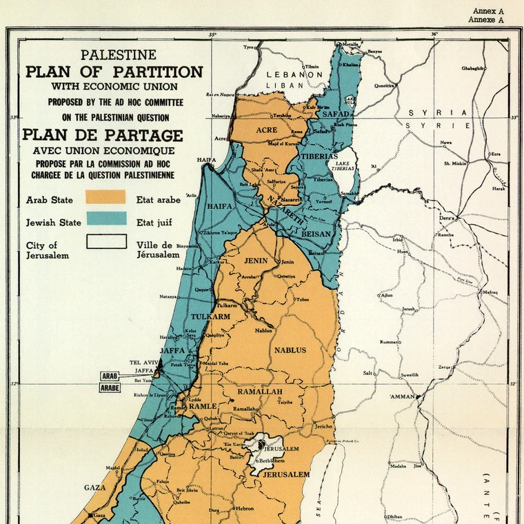 Map showing the 1947 UN Partition Plan for Palestine, the first formal proposal linked to what is the two-state solution