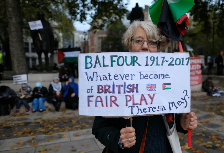 Demonstration in London in 2017 marking the centenary of the Balfour Declaration, with protesters calling for accountability for its consequences