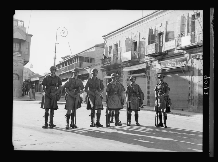 British soldiers positioned near the Jaffa Gate in Jerusalem during the 1936 Palestine disturbances, part of the Arab Revolt