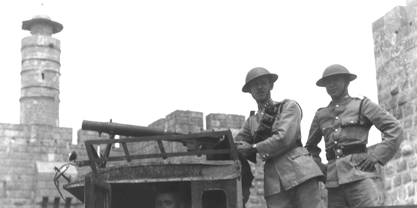 British soldiers patrolling a street in Jerusalem during the Mandate period — illustrating what was the British Mandate for Palestine