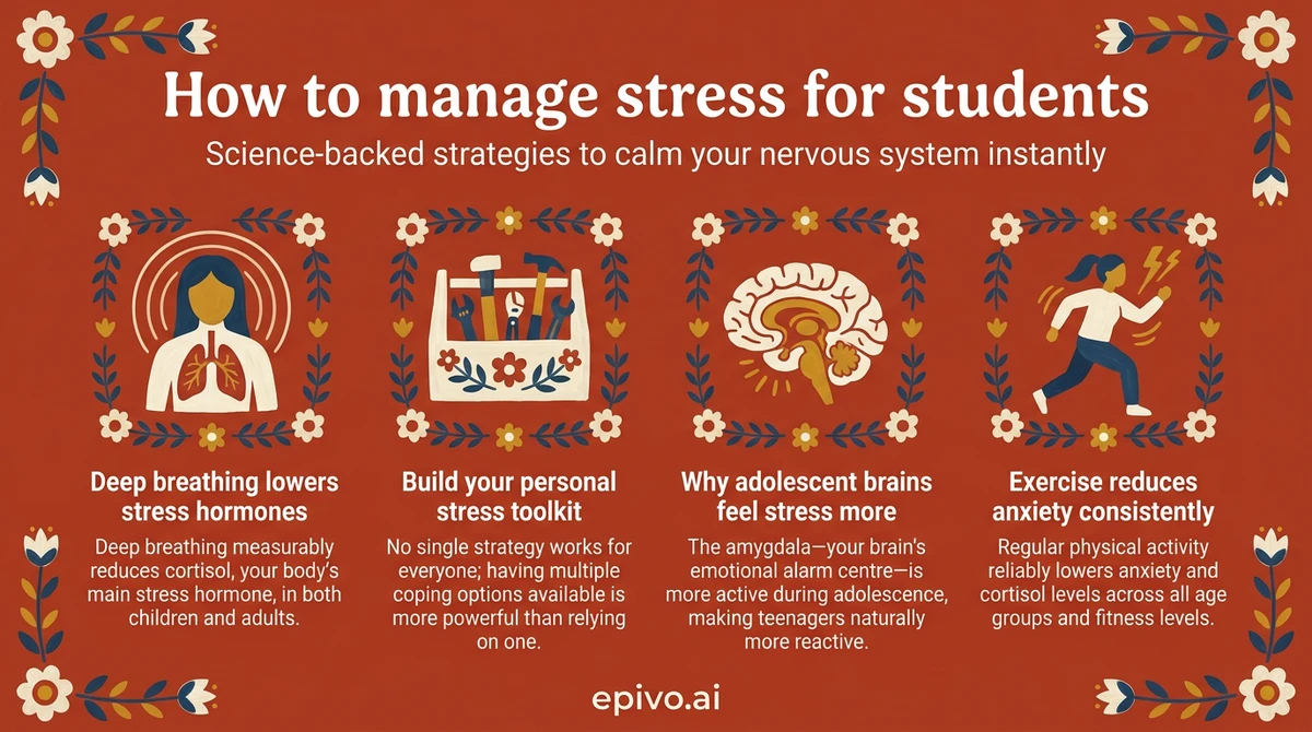 How to manage stress for students - shareable infographic with key concepts