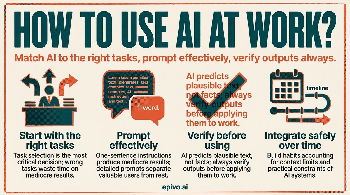 How to use AI at work? - shareable infographic with key concepts
