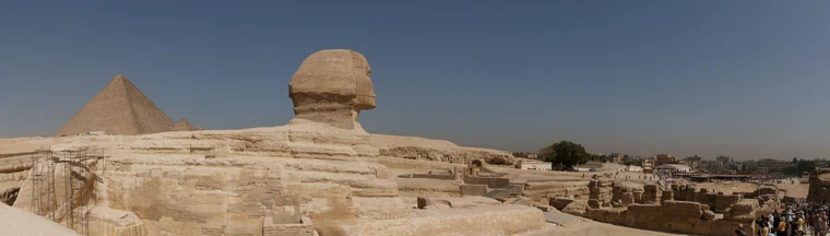 The Great Sphinx and the Pyramid of Khufu at Giza — monuments built along the Nile by the pharaohs of ancient Egypt