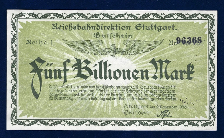 A 5 trillion mark banknote from 1923, illustrating the Weimar Republic hyperinflation crisis that destabilized Germany before Hitler rose to power