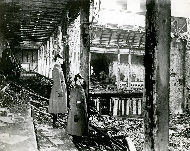 Fire damage inside the Reichstag building in Berlin after the 1933 arson, which Hitler used as a pretext to seize emergency powers