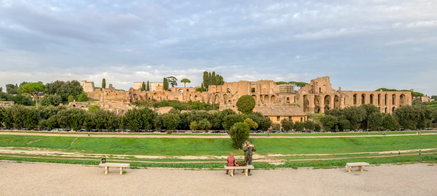 Panoramic view of the Palatine Hill ruins and Circus Maximus in Rome — illustrating how the Roman Empire fell