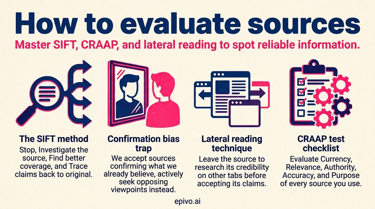 How to evaluate sources - shareable infographic with key concepts
