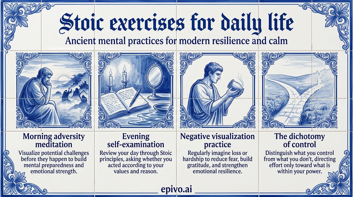 Stoic exercises for daily life - shareable infographic with key concepts