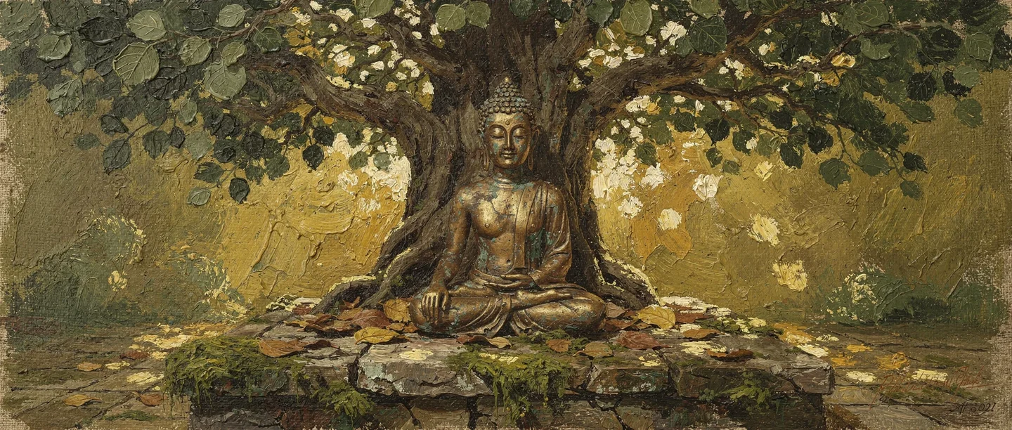 A student reading about what is Buddhism with a golden Buddha statue and lotus flowers in the background