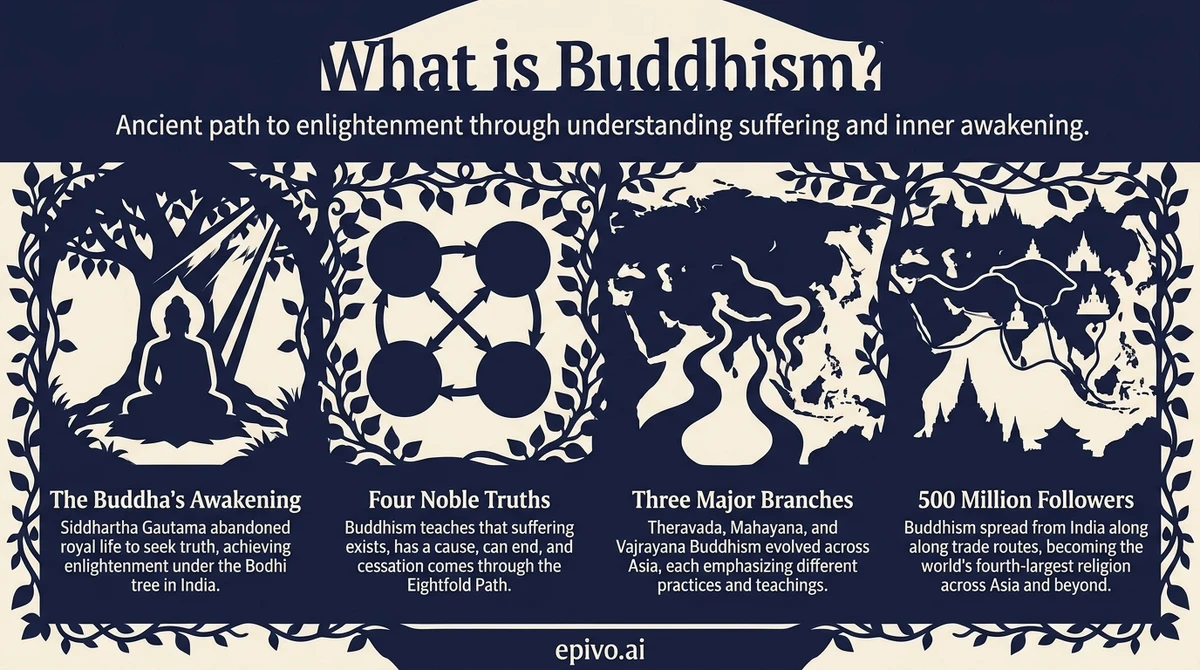 What is Buddhism? - shareable infographic with key concepts
