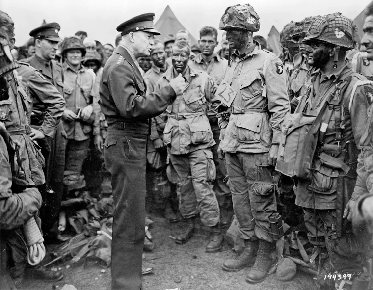 General Eisenhower speaking with paratroopers of the 101st Airborne Division before the D-Day invasion on 5 June 1944