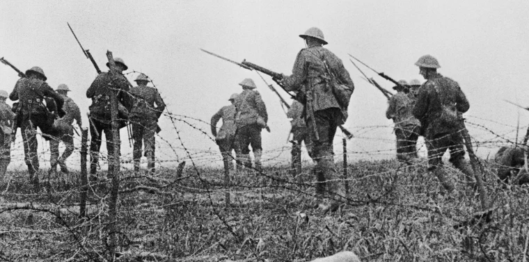 British soldiers going over the top during the Battle of the Somme in 1916, from the famous documentary film