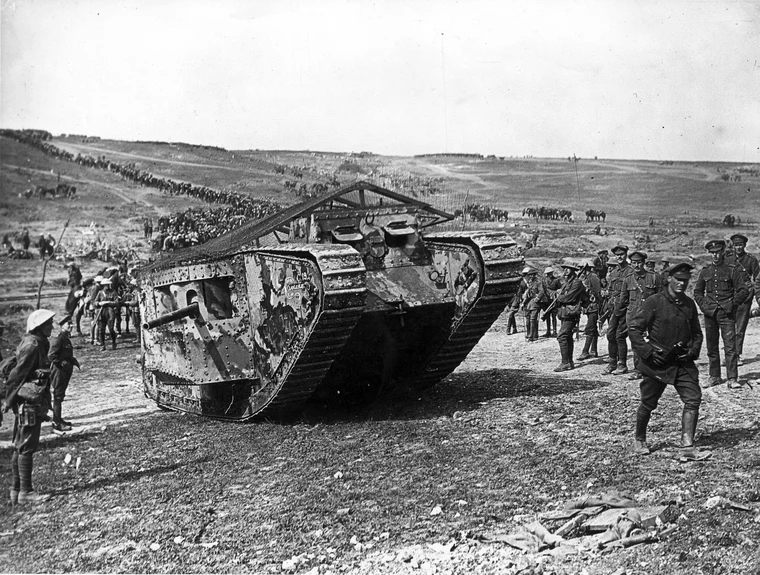A British Mark I tank crossing a trench during the Battle of the Somme in September 1916