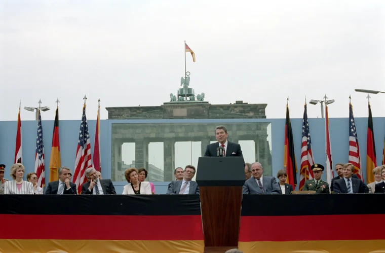 President Reagan delivering his famous 'Tear down this wall!' speech at the Brandenburg Gate in West Berlin, 1987