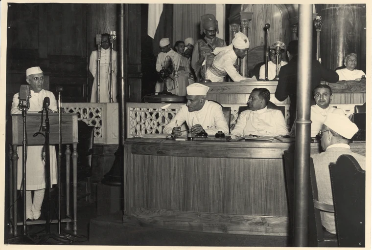 Jawaharlal Nehru delivering his 'Tryst with Destiny' speech on 15 August 1947, marking India's independence from the British Empire