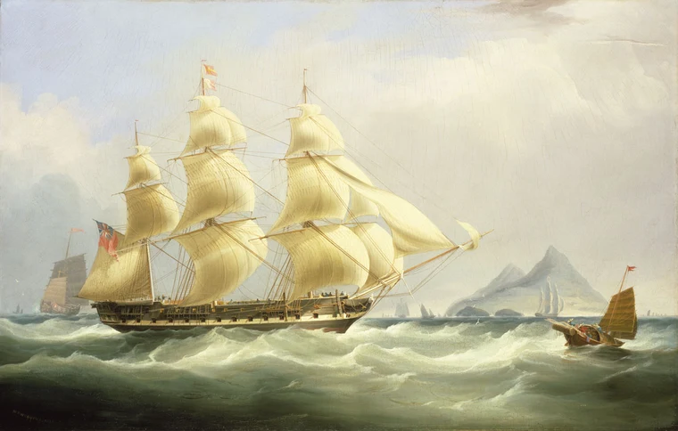 A painting of an East India Company ship, representing the commercial origins of the British Empire