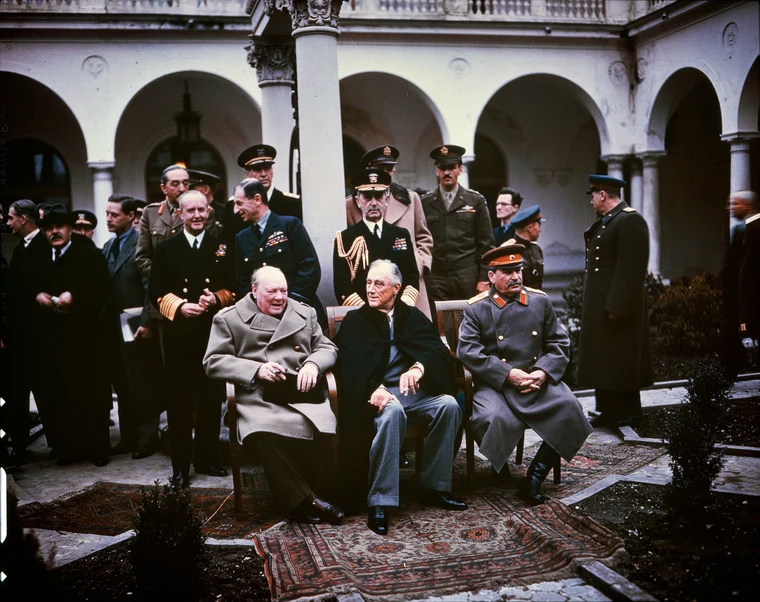 Churchill, Roosevelt, and Stalin at the Yalta Conference 1945, laying the groundwork for Cold War divisions