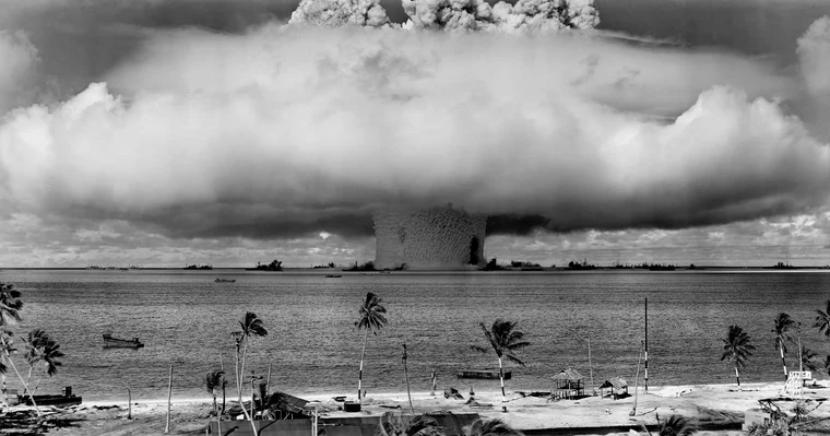 A nuclear mushroom cloud from the US Operation Crossroads Baker test — symbol of the Cold War arms race