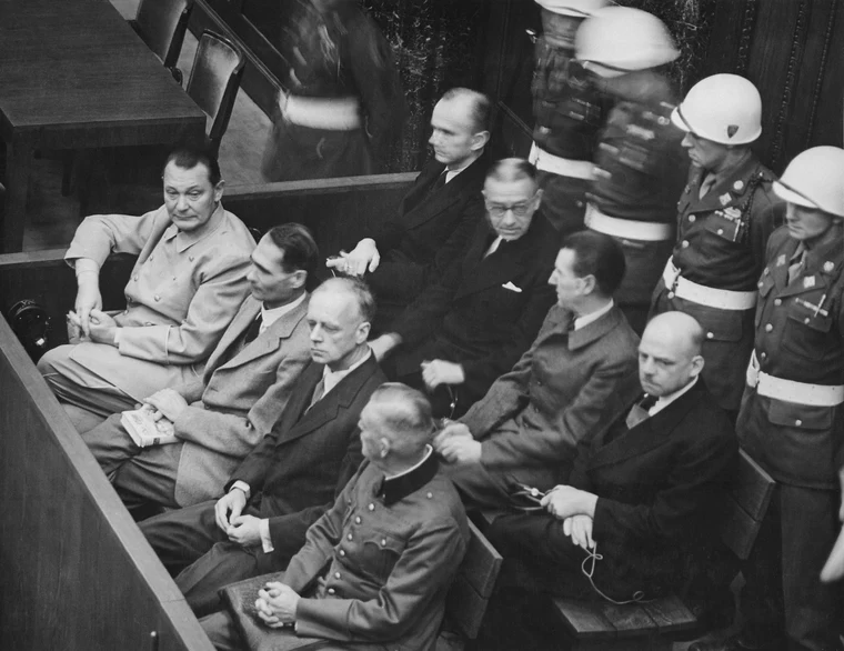Panel of judges and attorneys at the Nuremberg Trials, 1945, holding Nazi leaders accountable