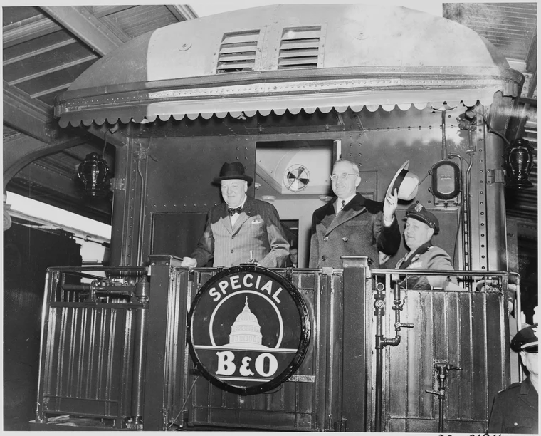 Winston Churchill delivering his Iron Curtain speech at Westminster College in Fulton, Missouri in 1946