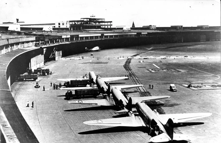A US transport aircraft landing at Berlin Tempelhof airport during the Berlin Airlift of 1948-49