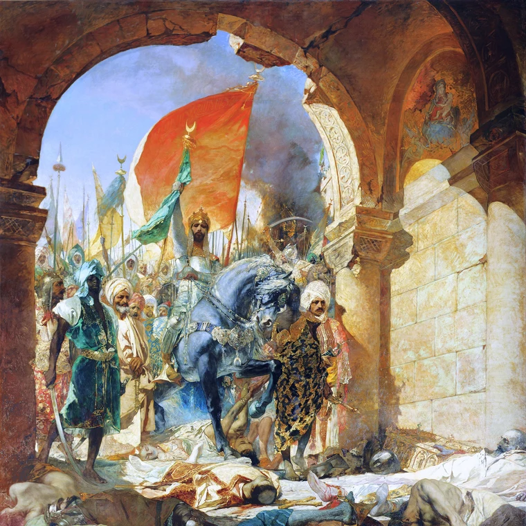 The walls of Constantinople falling during the Ottoman siege in 1453, marking the end of the Byzantine Empire