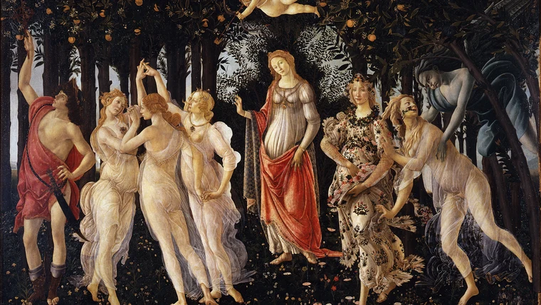Botticelli's Primavera (c. 1477–82) — a masterpiece of Italian Renaissance painting that embodies the humanist spirit