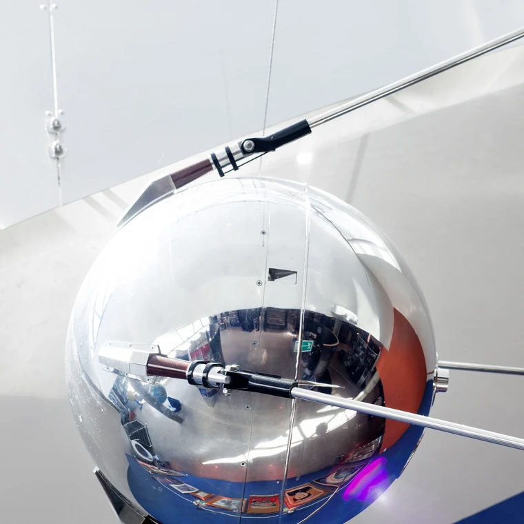 A replica of the Sputnik 1 satellite, the Soviet spacecraft that launched the space race in October 1957