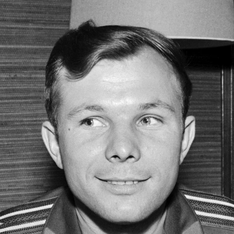 Cosmonaut Yuri Gagarin in his space suit before the Vostok 1 mission, the first human spaceflight in 1961