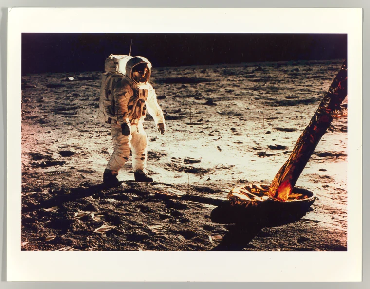 Astronaut Buzz Aldrin walking on the Moon during the Apollo 11 mission, the climax of the space race in July 1969