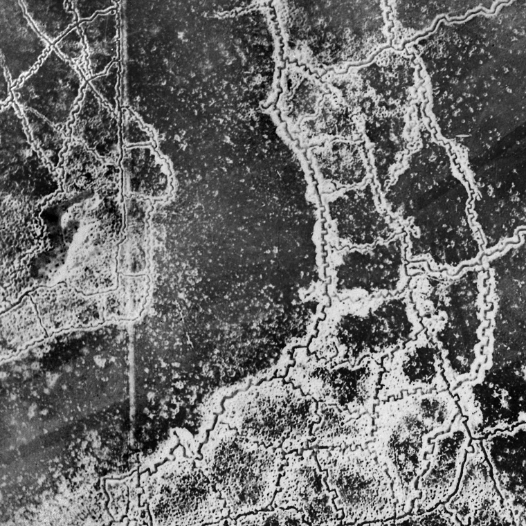 Aerial photograph of the Loos-Hulluch trench system on the Western Front in July 1917, showing the zigzag pattern of trenches
