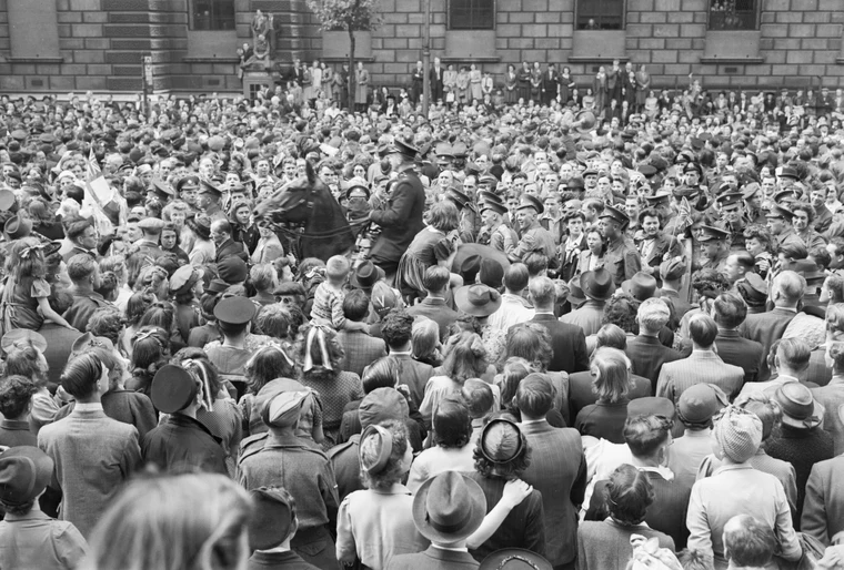 Crowds celebrating VE Day in London on 8 May 1945, marking the end of World War 2 in Europe