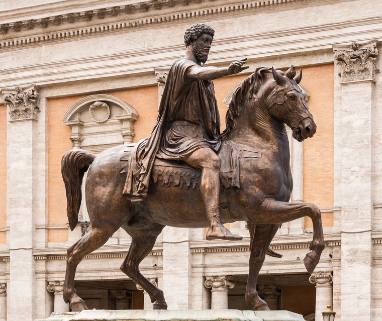 The original gilded bronze equestrian statue of Marcus Aurelius in the Capitoline Museums — his Meditations still guides Stoic philosophy today