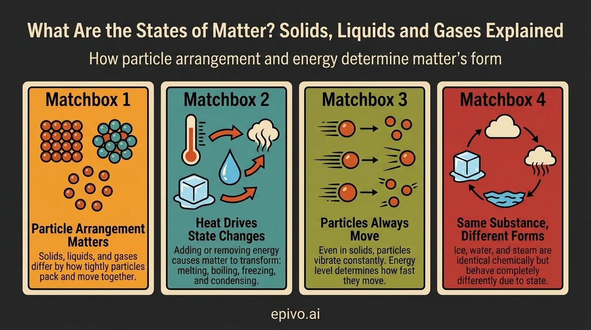 What Are the States of Matter? Solids, Liquids and Gases Explained - shareable infographic with key concepts