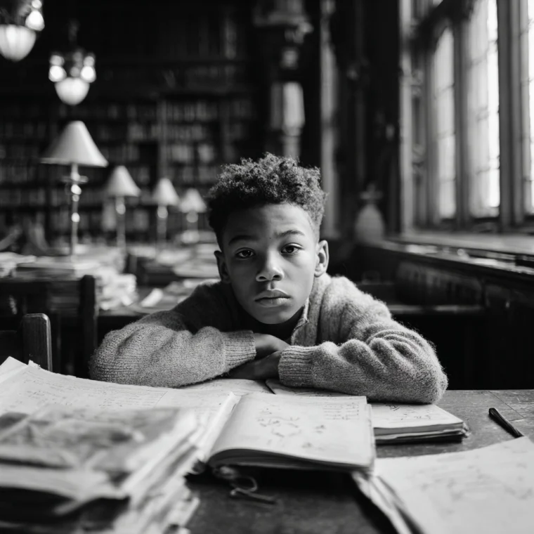 A boy reflecting over an open textbook, illustrating the difference between academic ability and emotional intelligence