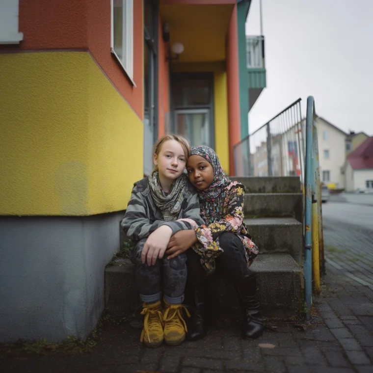 Two girls in a quiet moment of empathy, one offering comfort to the other