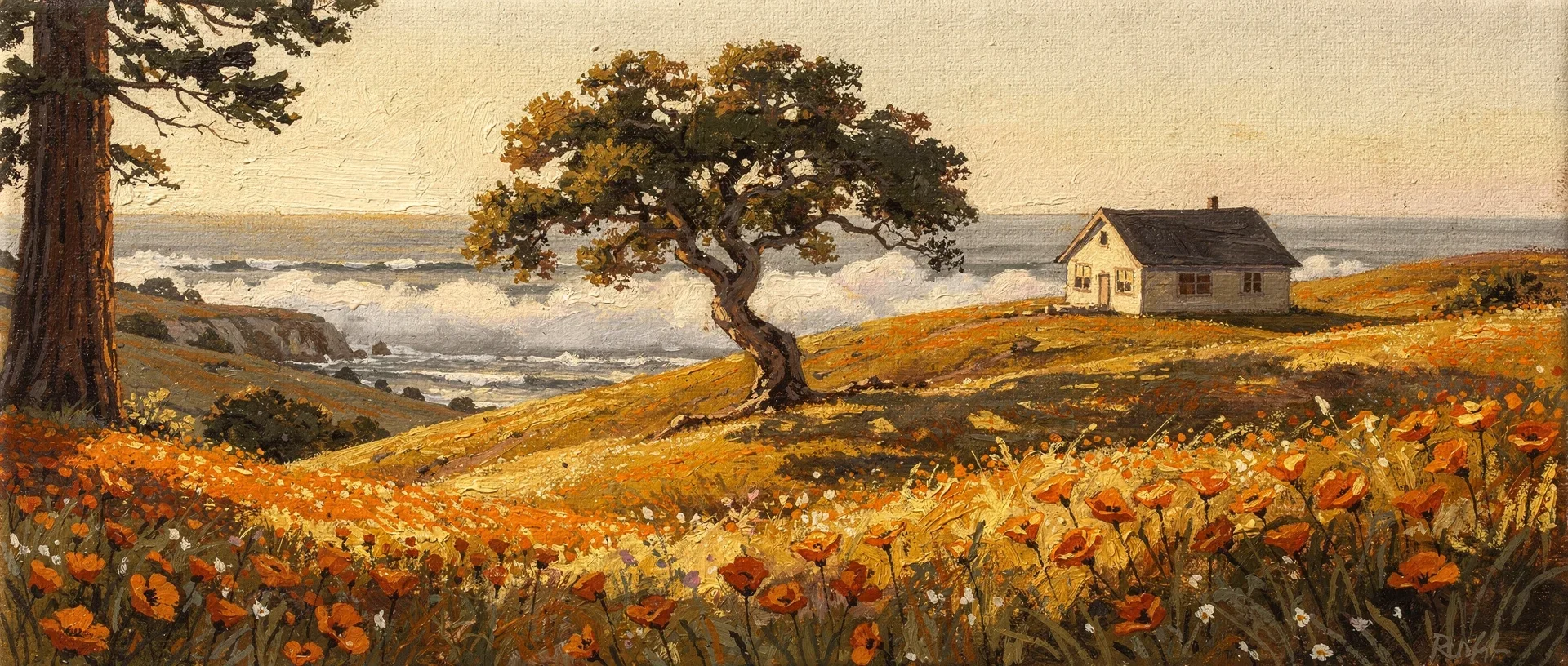 Gouache painting of a small schoolhouse on poppy-covered golden hills above the Pacific, with an oak and a redwood
