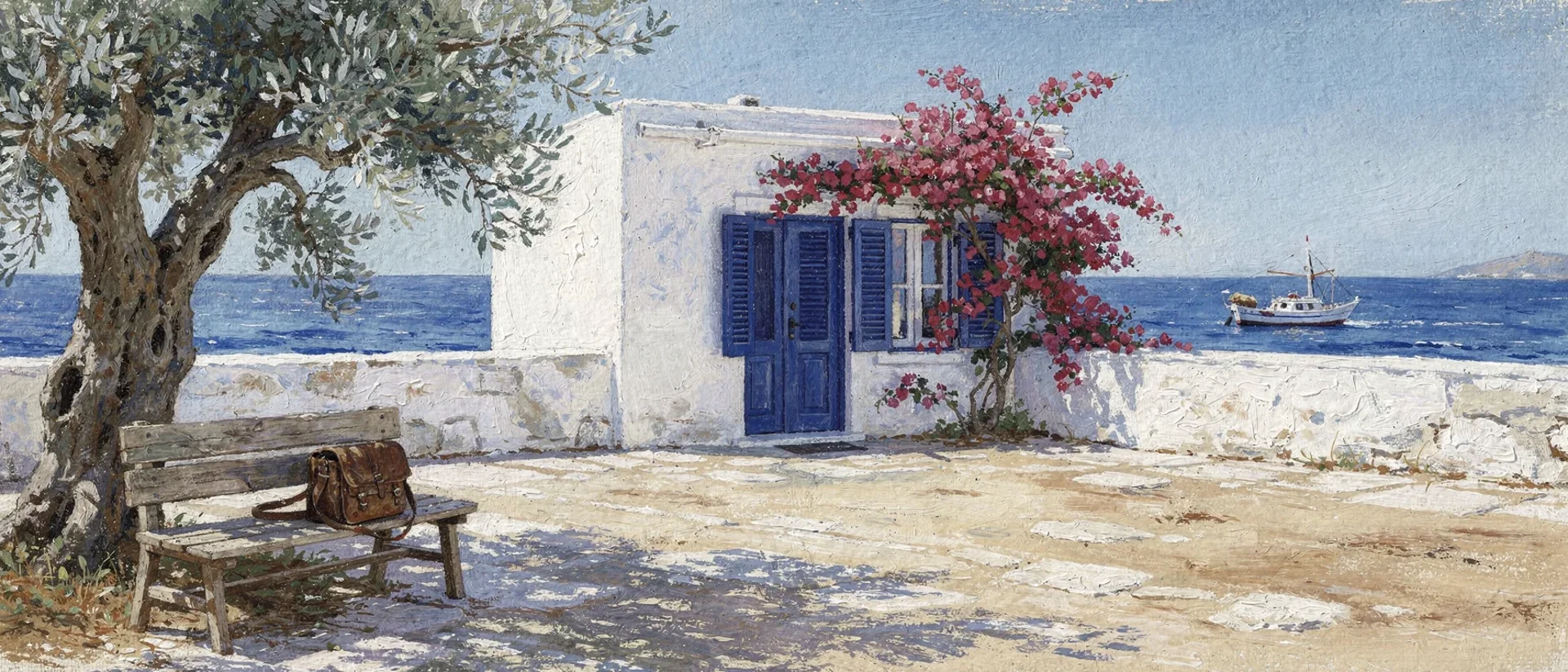 Gouache painting of a whitewashed Greek island schoolyard with blue shutters, an olive tree, bougainvillea and a satchel on a bench by the sea