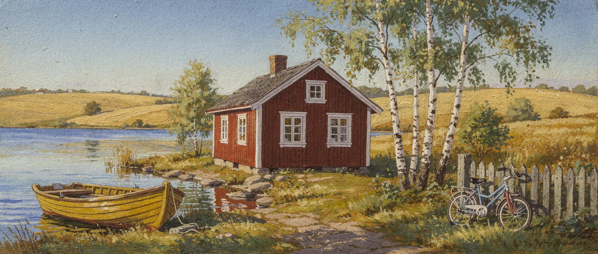 Gouache painting of a red wooden Swedish schoolhouse by a lake, with birch trees, a yellow rowing boat and a bicycle by the fence