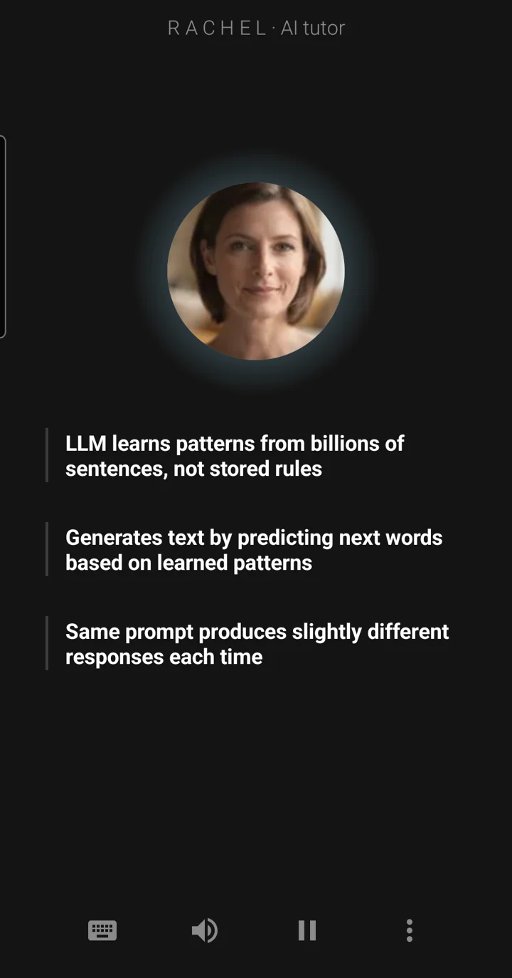 The Epivo app during a lesson on building software with AI: the tutor Rachel's face, and a board note reading: Generates text by predicting next words based on learned patterns