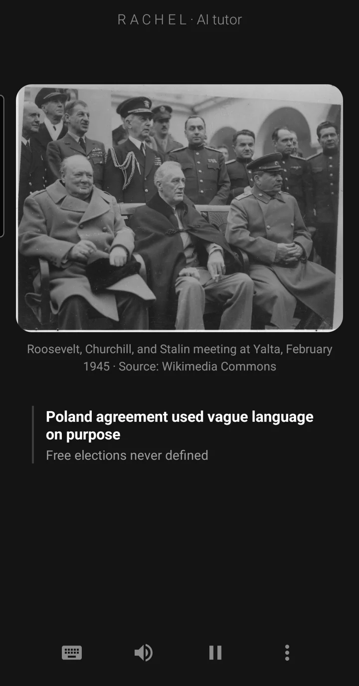 The Epivo app during a Cold War lesson: Roosevelt, Churchill and Stalin at Yalta in February 1945, and a board note reading: Poland agreement used vague language on purpose
