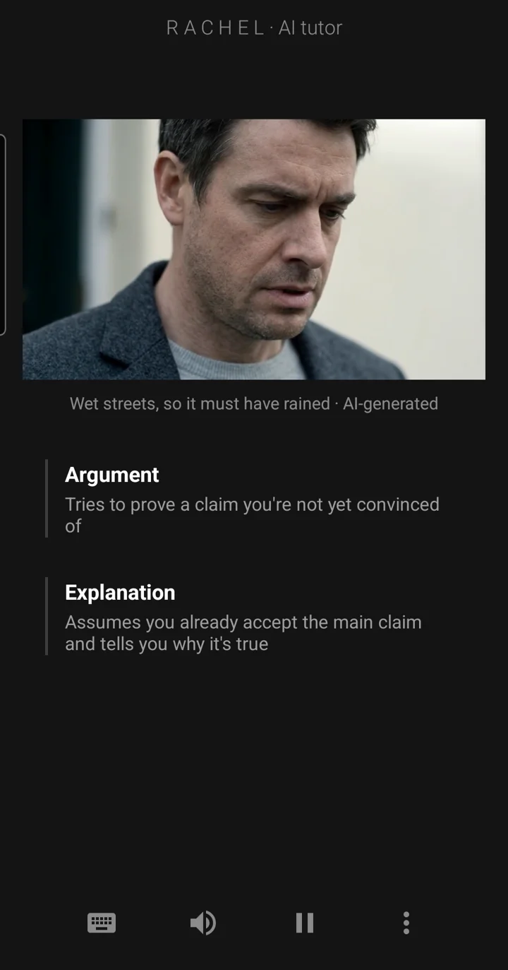 The Epivo app during a critical thinking lesson: a man looking down at a wet street, and board notes on the difference between an argument and an explanation